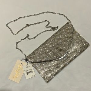 NWT Estee & Lilly rhinestone and silver metallic clutch w shoulder chain strap